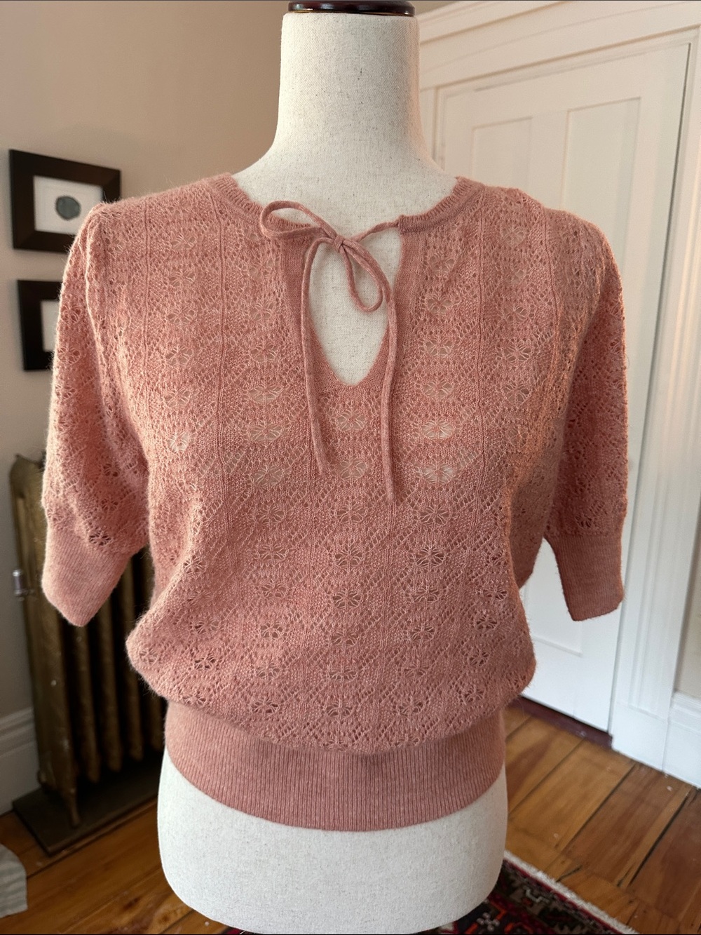 Dusty Rose Lace-Knit Tie-Neck Short Sleeve Sweater